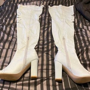 Blue jean open toe boots